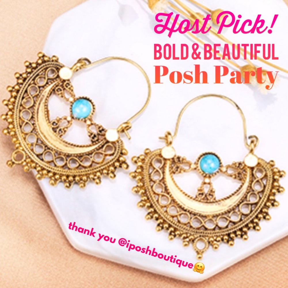 ::⚜️Exotic Bohemia Turquoise+Gold Hoop Earrings - Picture 2 of 6